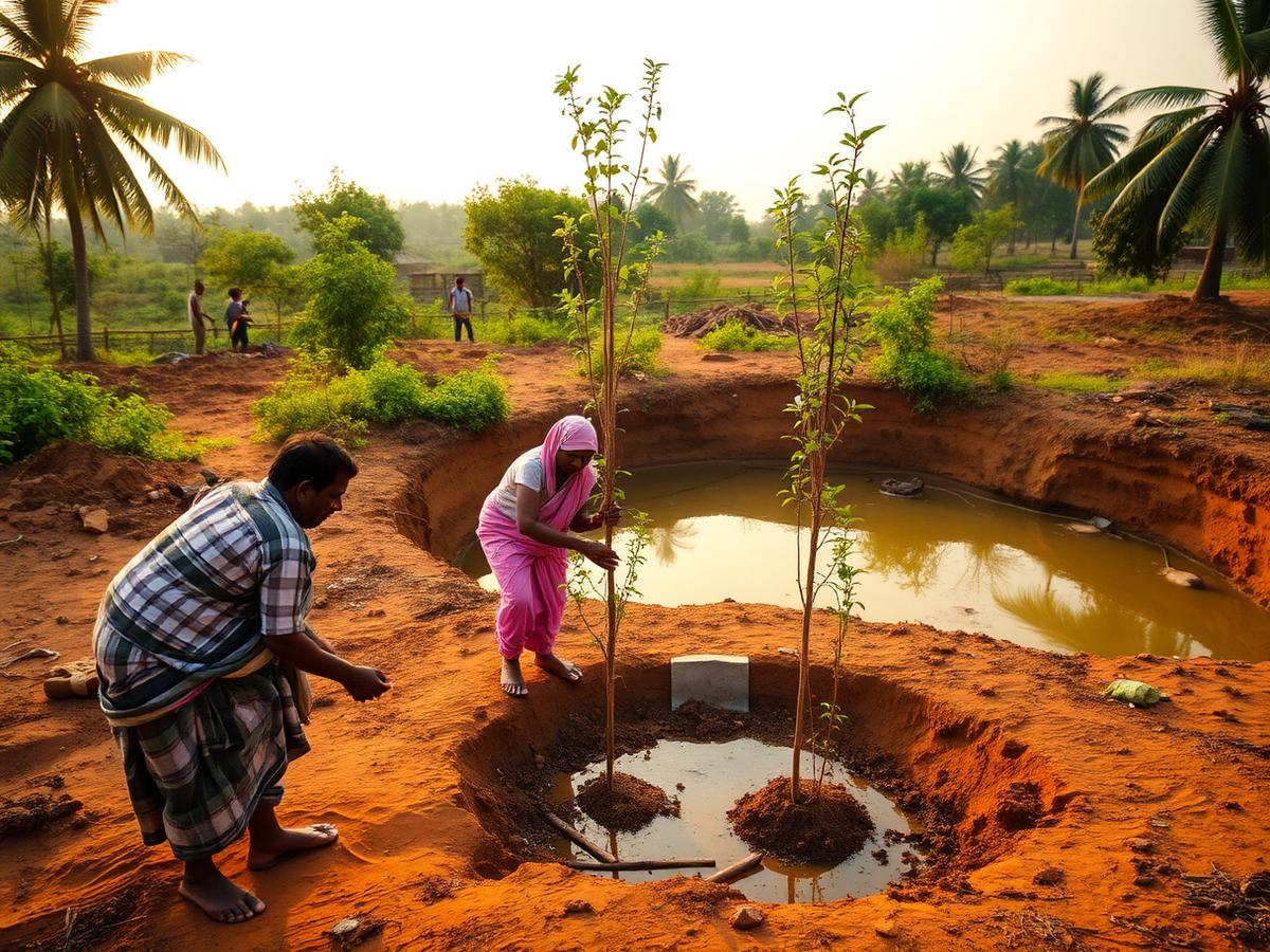 Villagers planting saplings beside a restored water pond