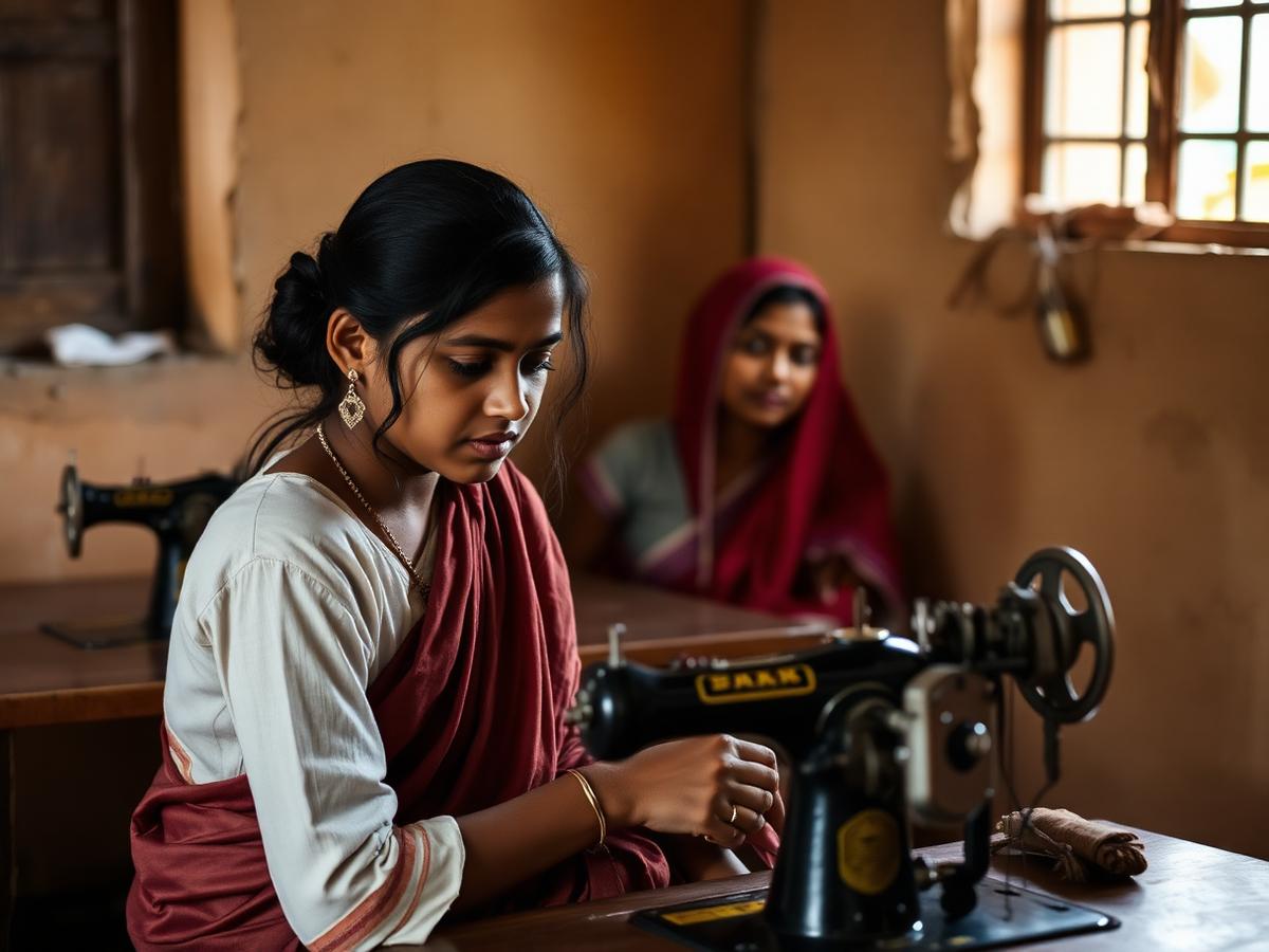 Young woman learning tailoring at a vocational training workshop