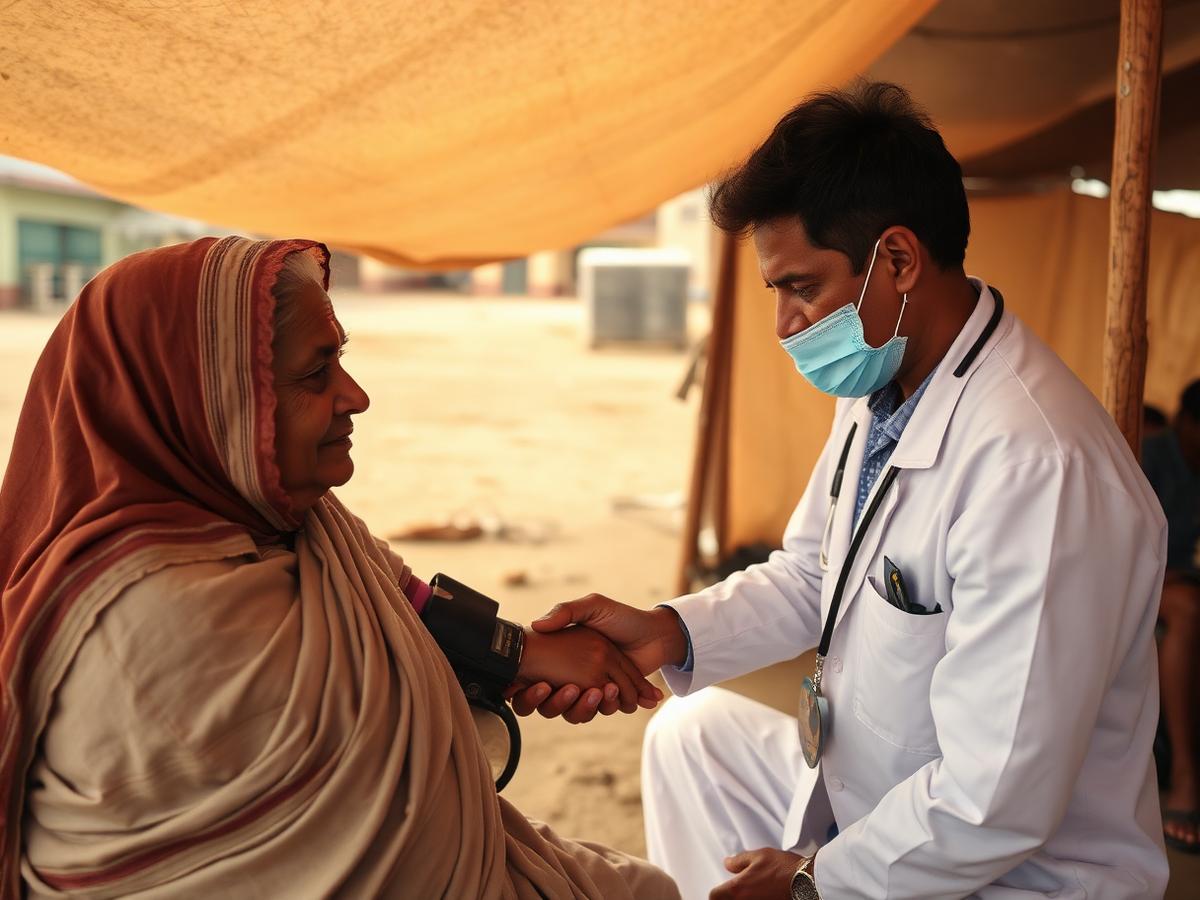 Doctor checking a patient's blood pressure at a community health camp